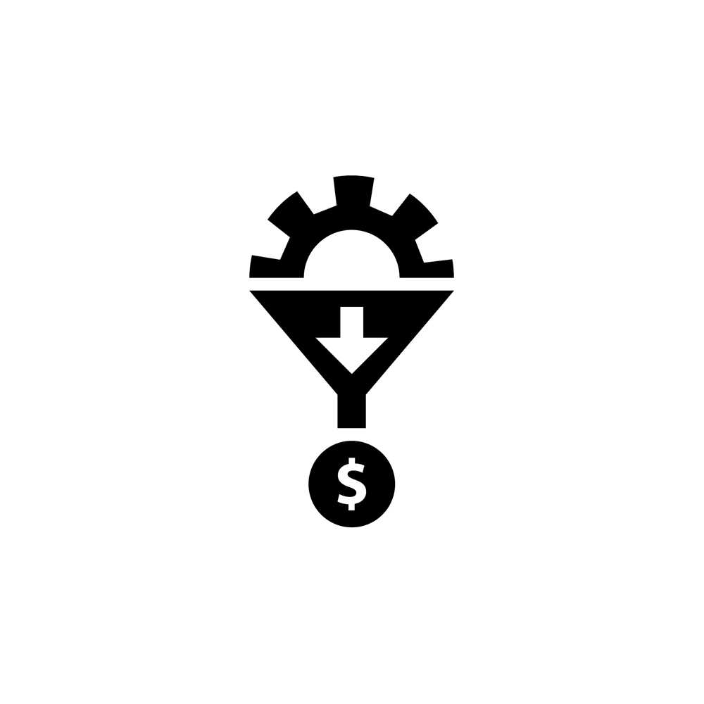 icon with gear entering funnel and money exiting